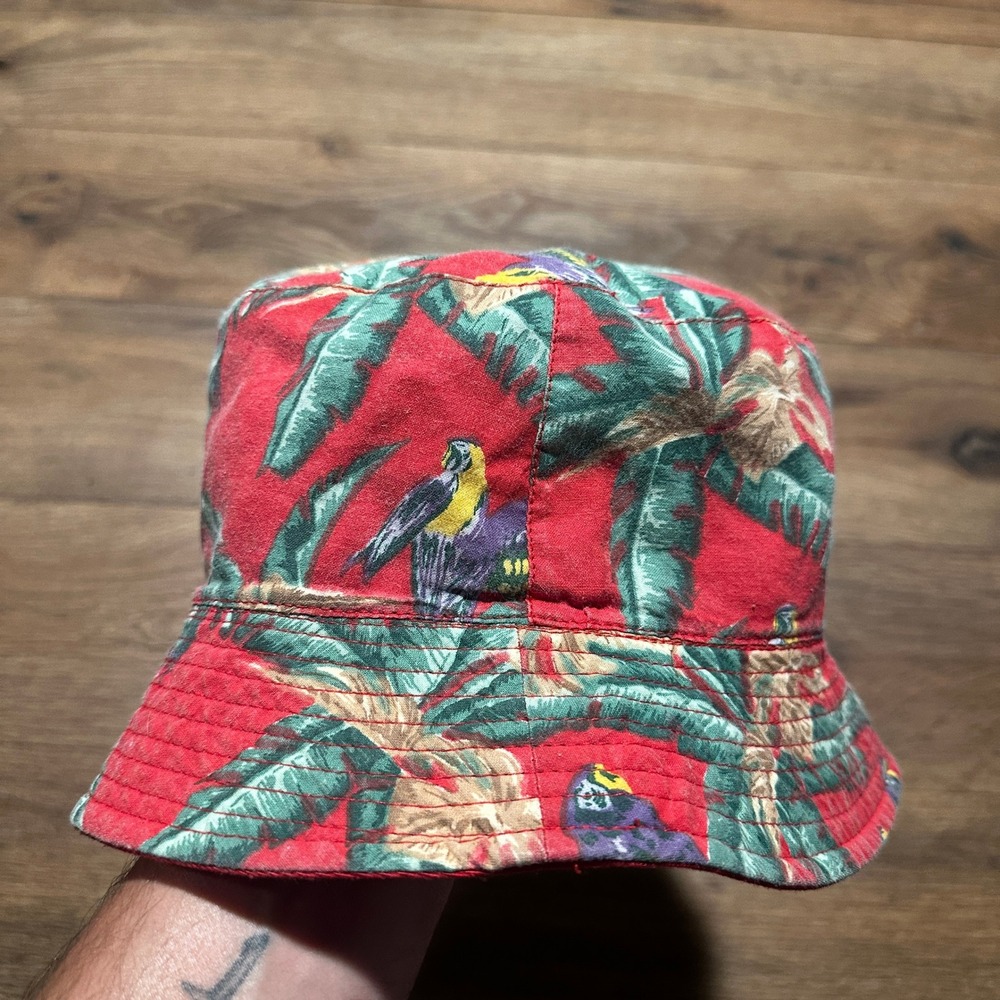 Vintage CSI Red Tropical Parrot Print‎ Reversible Bucket Hat Mens OSFA